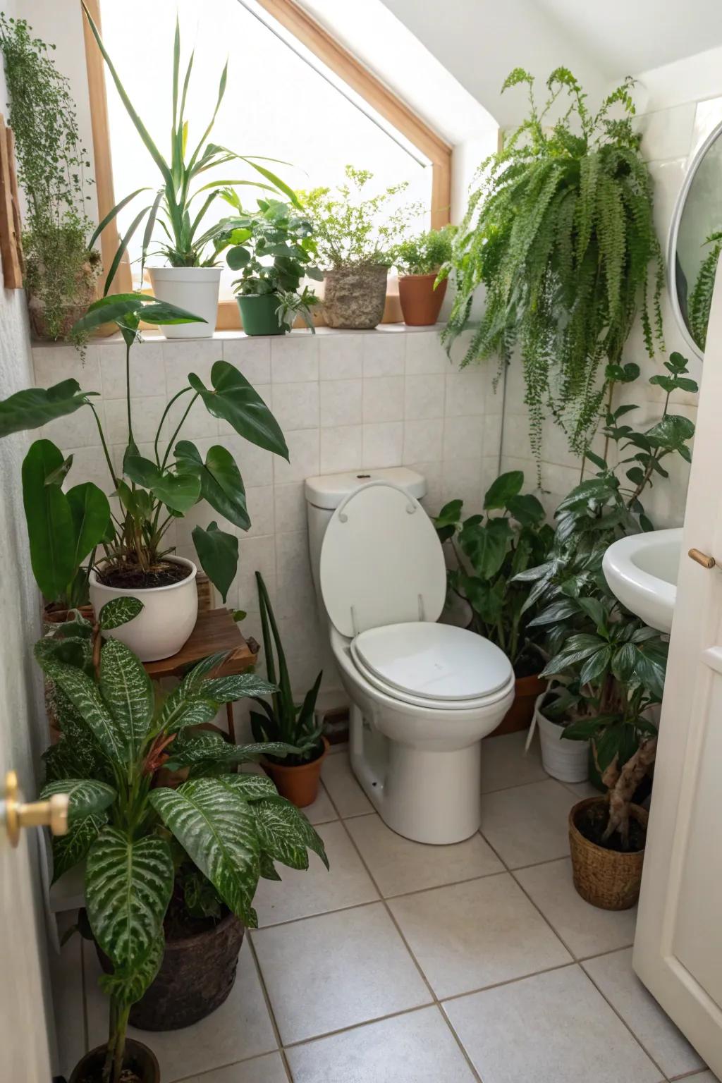 A fresh and natural atmosphere with indoor plants in a toilet room.