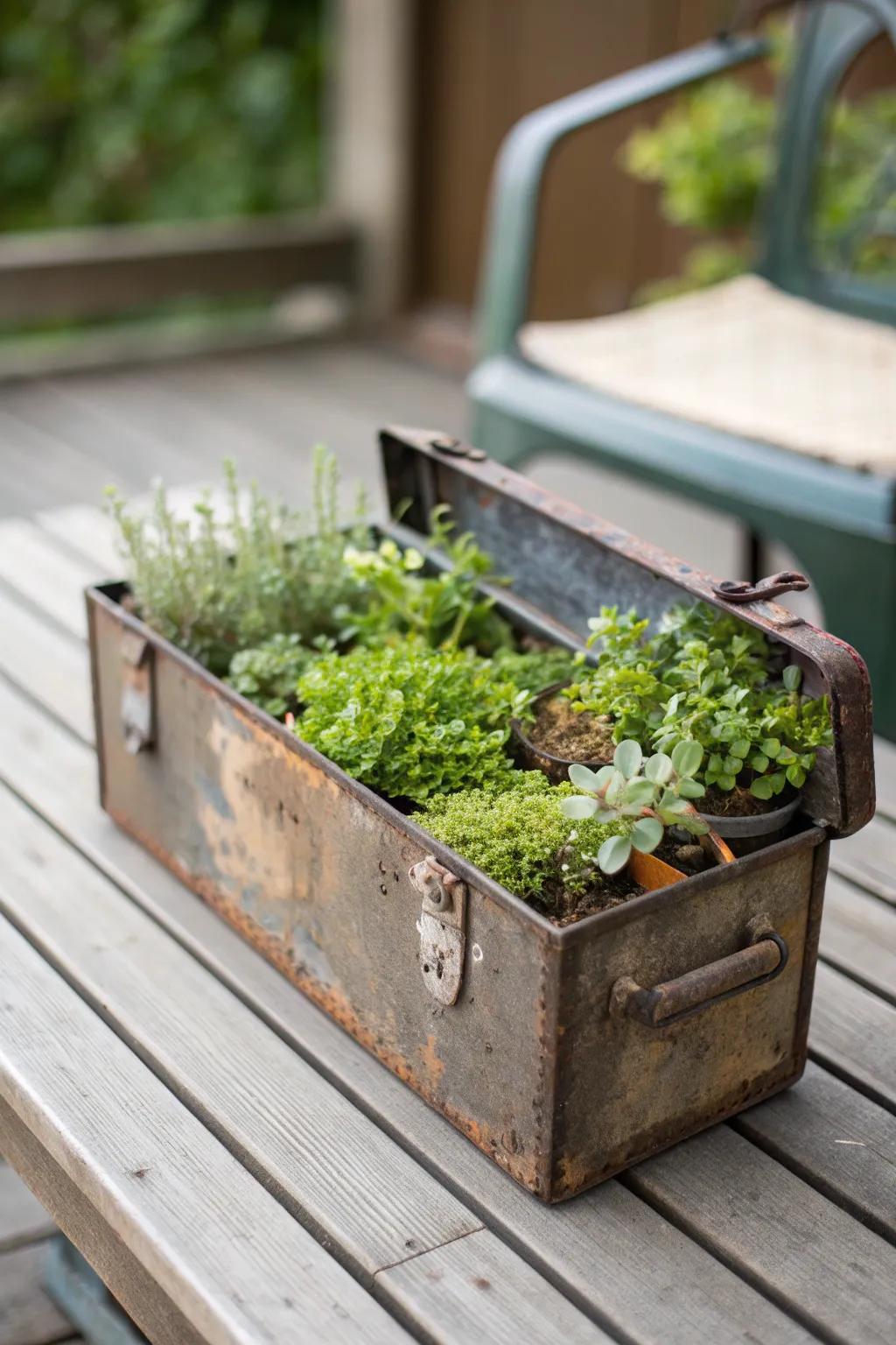 Transform vintage charm into greenery with a repurposed toolbox planter.