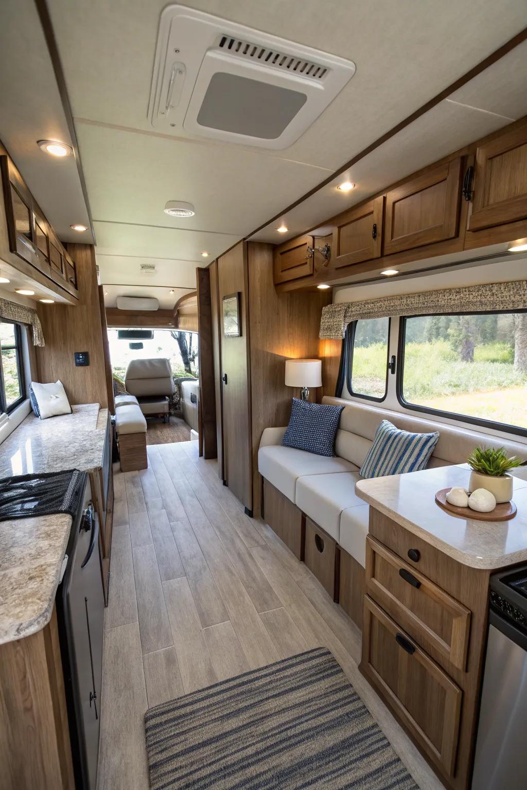An efficiently laid out travel trailer interior, maximizing comfort and usability.