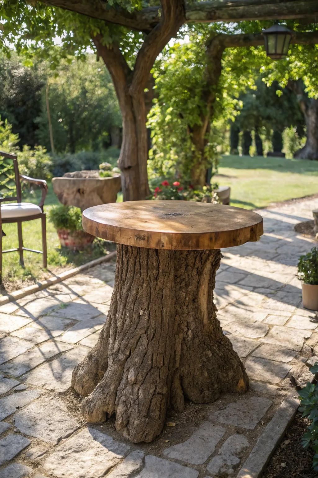 Elevate your garden with a handcrafted tree trunk table – where nature meets craftsmanship.