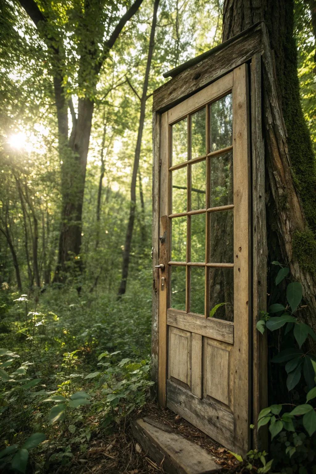 Open a world of charm with this reclaimed window frame door, where nature meets craftsmanship.