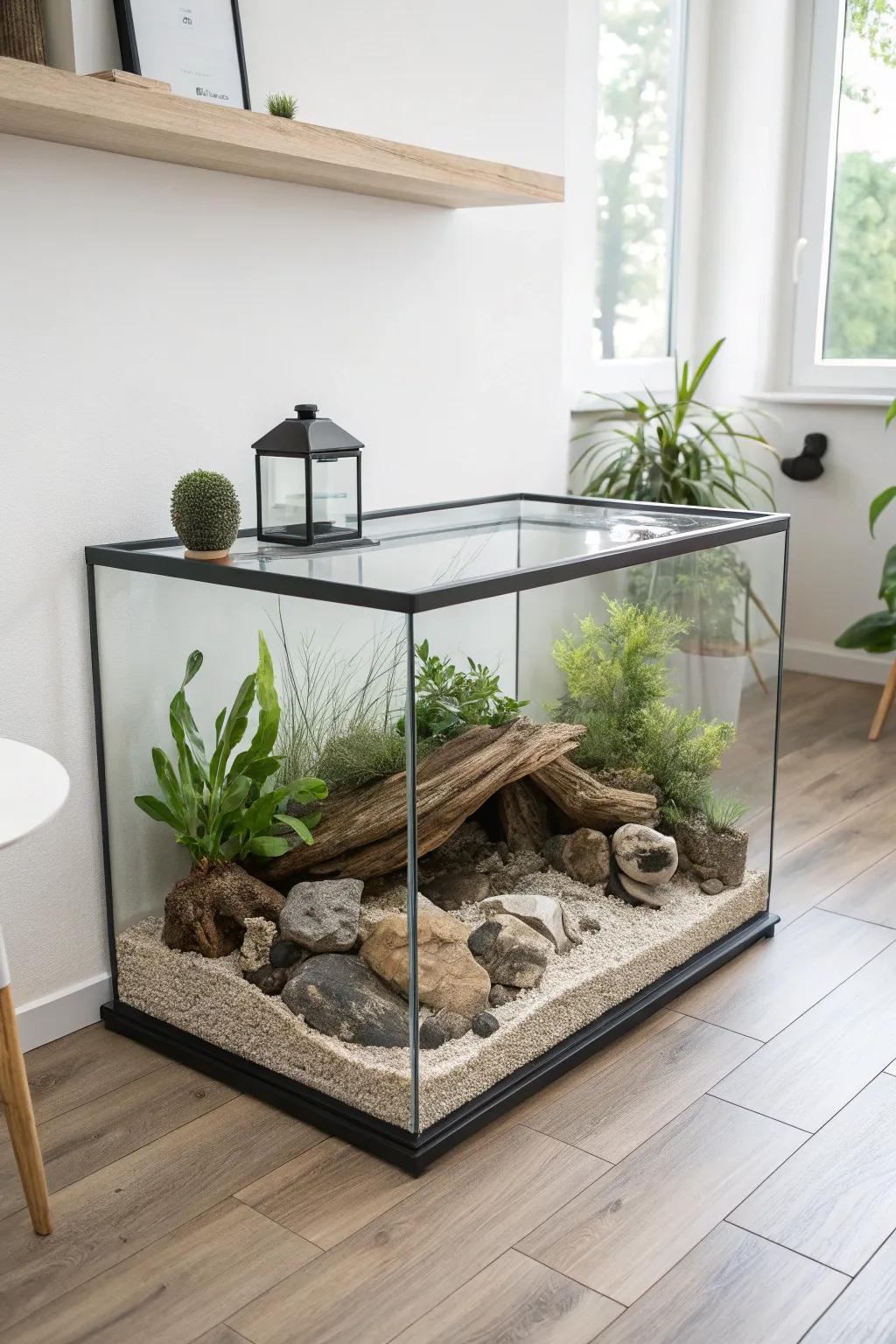Transform your turtle's home into a spacious sanctuary with minimalist elegance and natural charm.