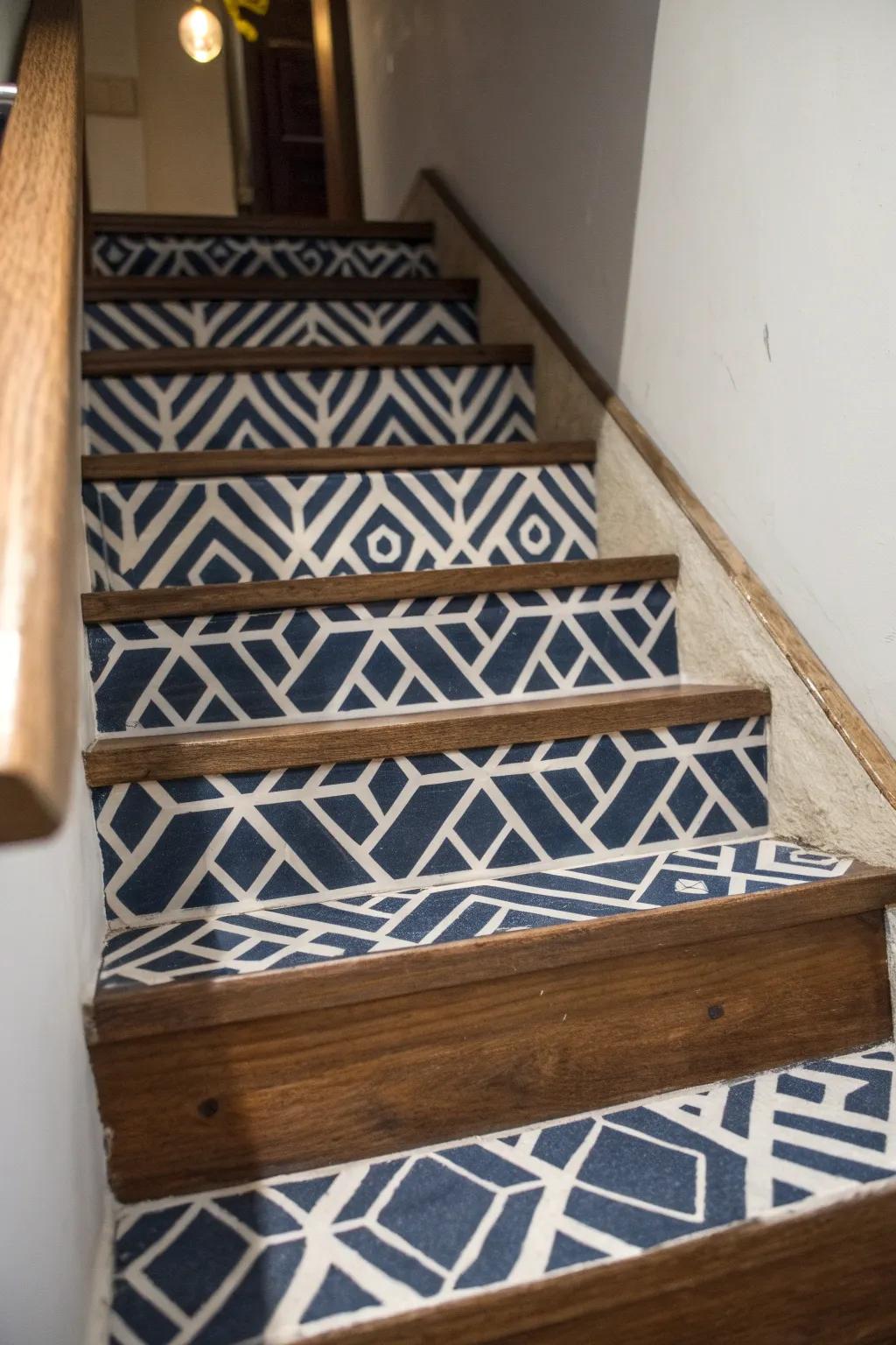 Transform your basement stairs into a masterpiece with bold, geometric patterns.
