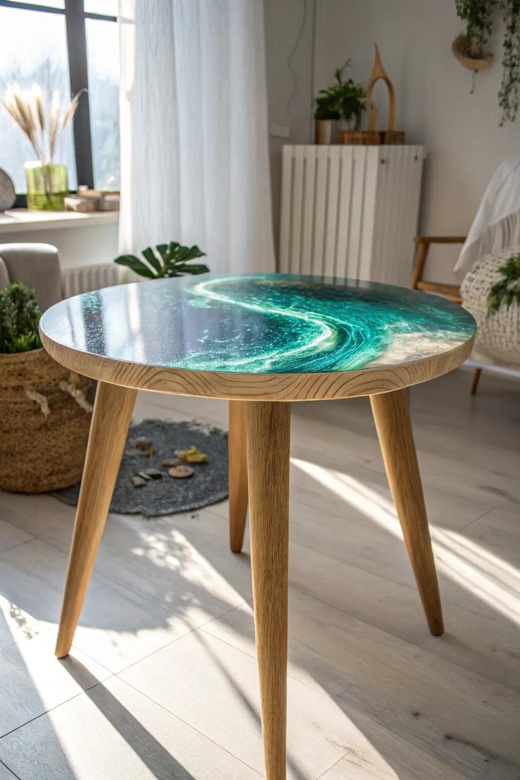 Illuminate your space with a touch of magic: a glow-in-the-dark epoxy table that captivates both day and night.