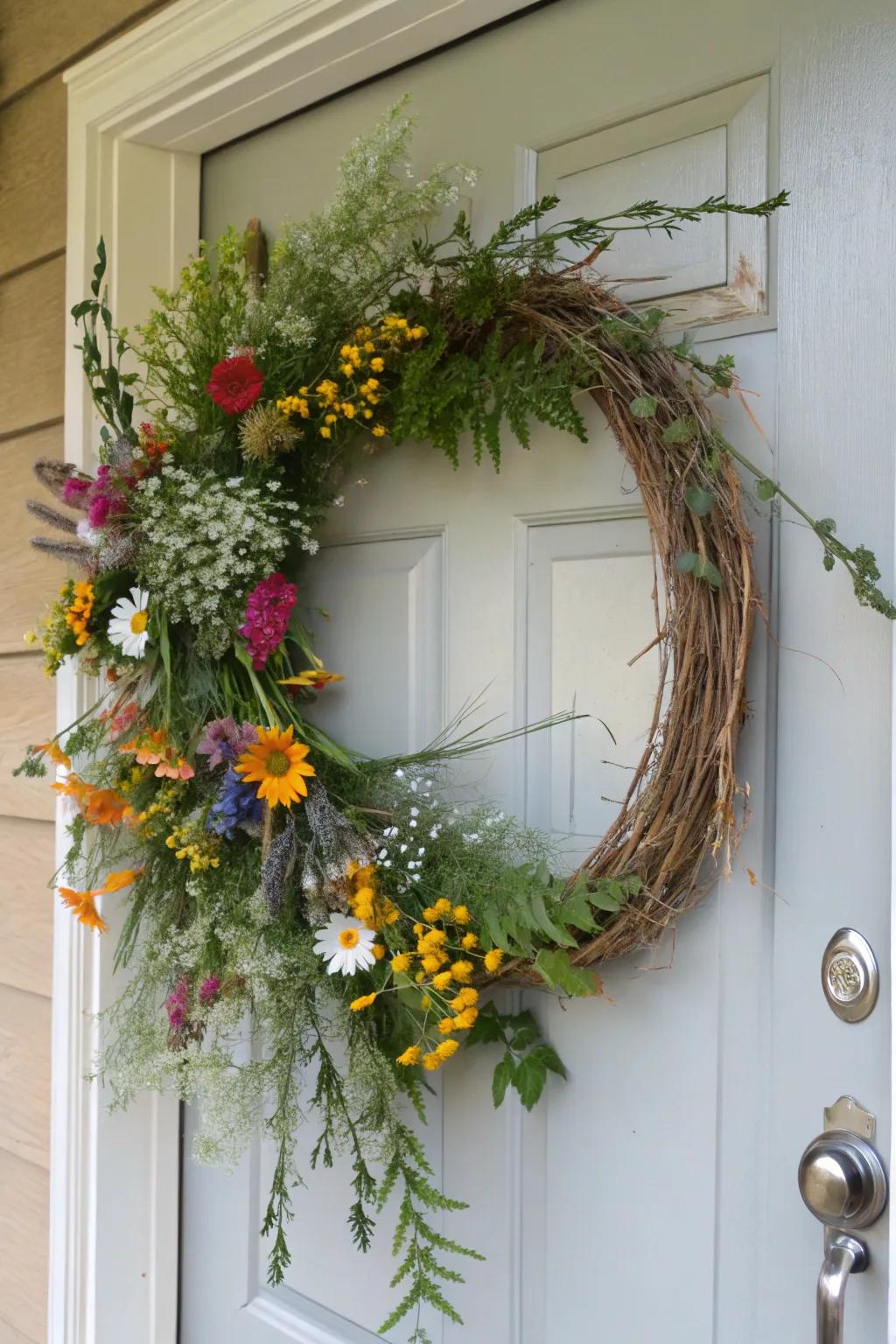 Asymmetric artistry with wildflowers creates a bold statement.