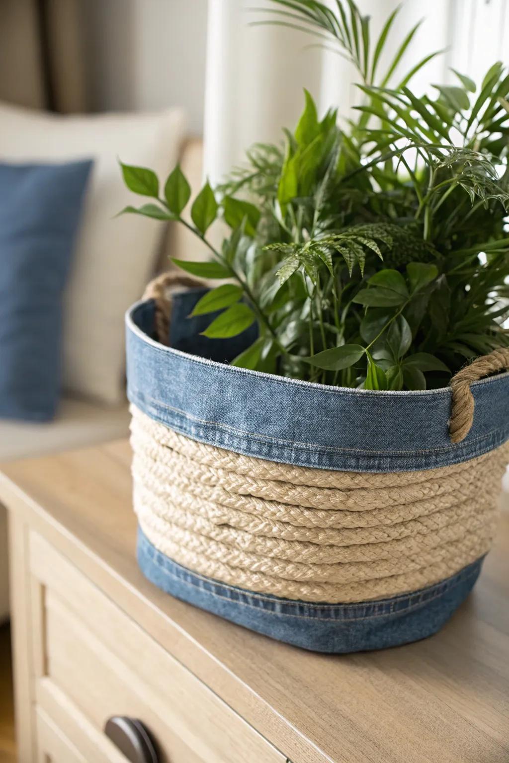 Breathe new life into your space with a rustic denim fabric planter, where sustainability meets Scandinavian simplicity.