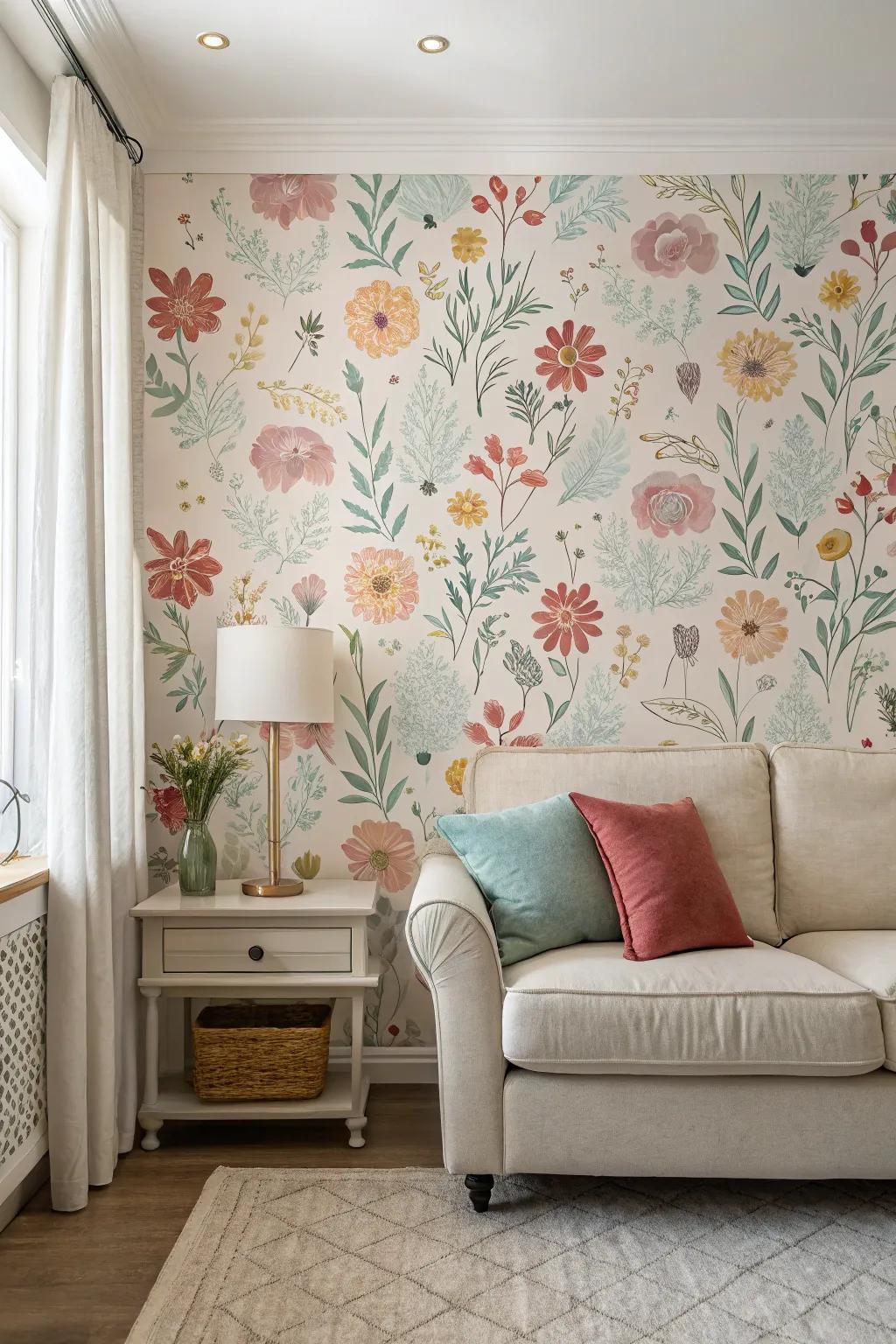 Floral wallpaper adds a touch of romance.