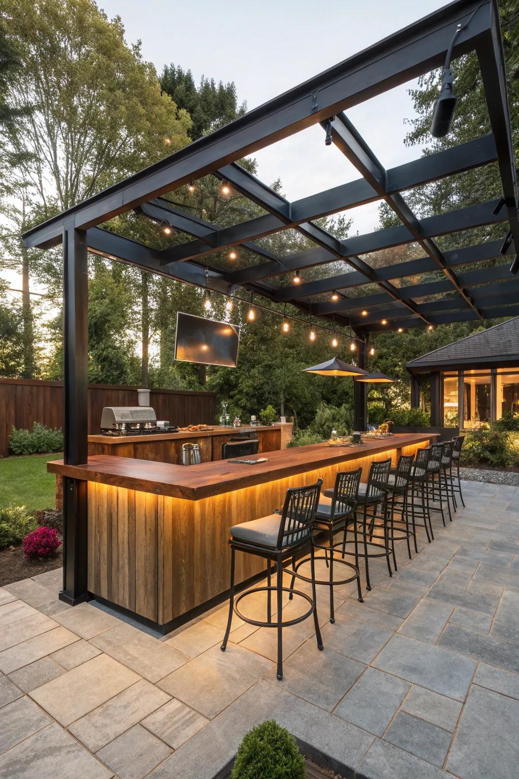 Elevate your gatherings with a stylish outdoor bar under a modern pergola.
