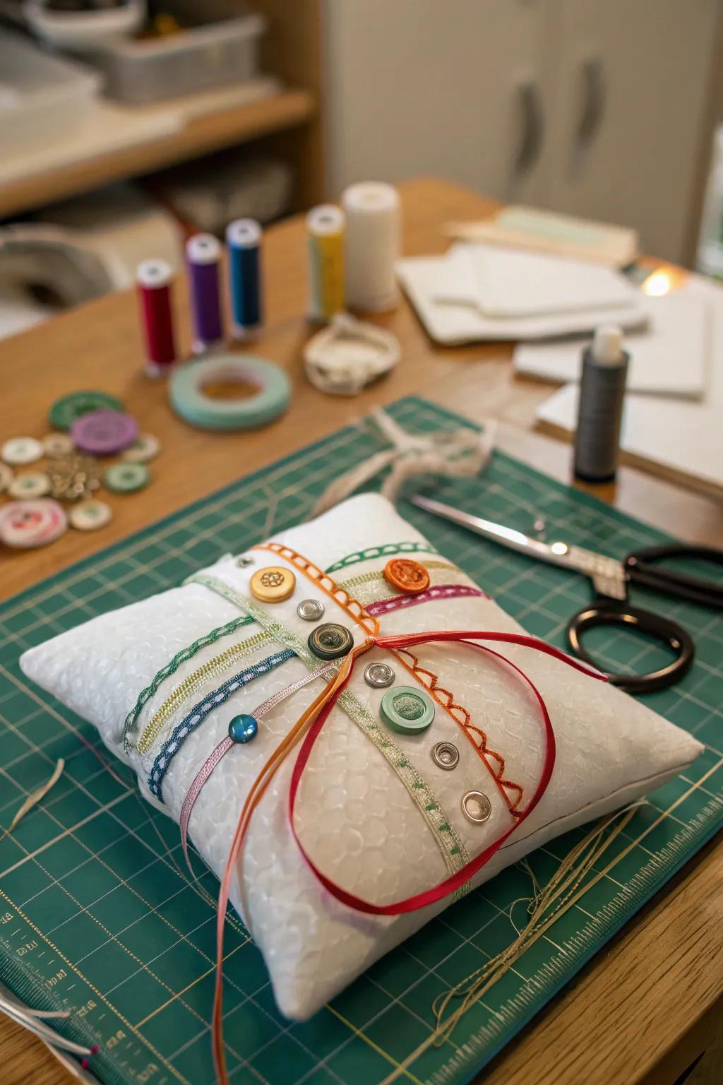 A unique handcrafted wedding ring pillow with artisanal details.