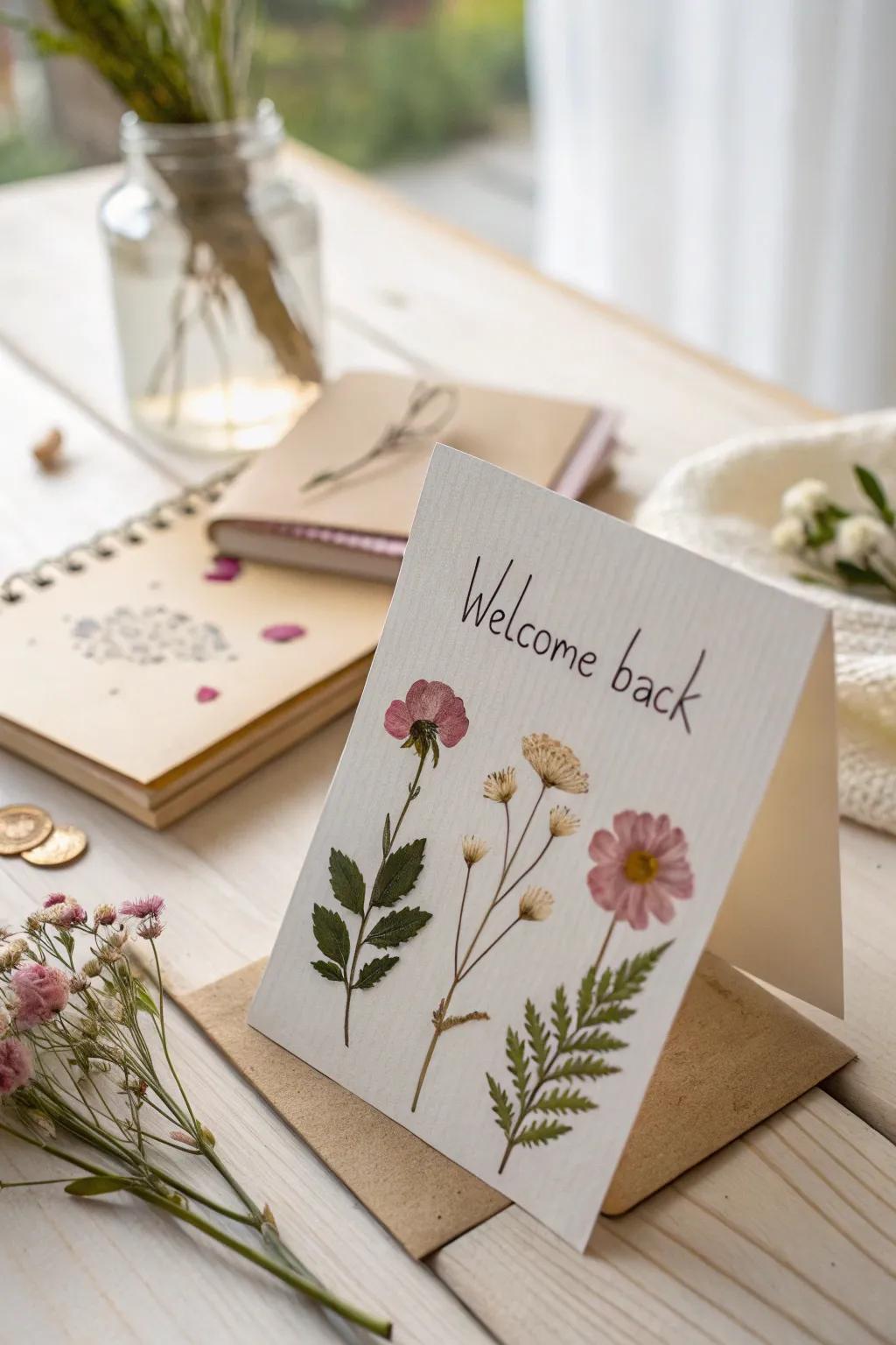 Embrace the beauty of nature with this handcrafted welcome back card, perfect for adding a fresh touch to any occasion.