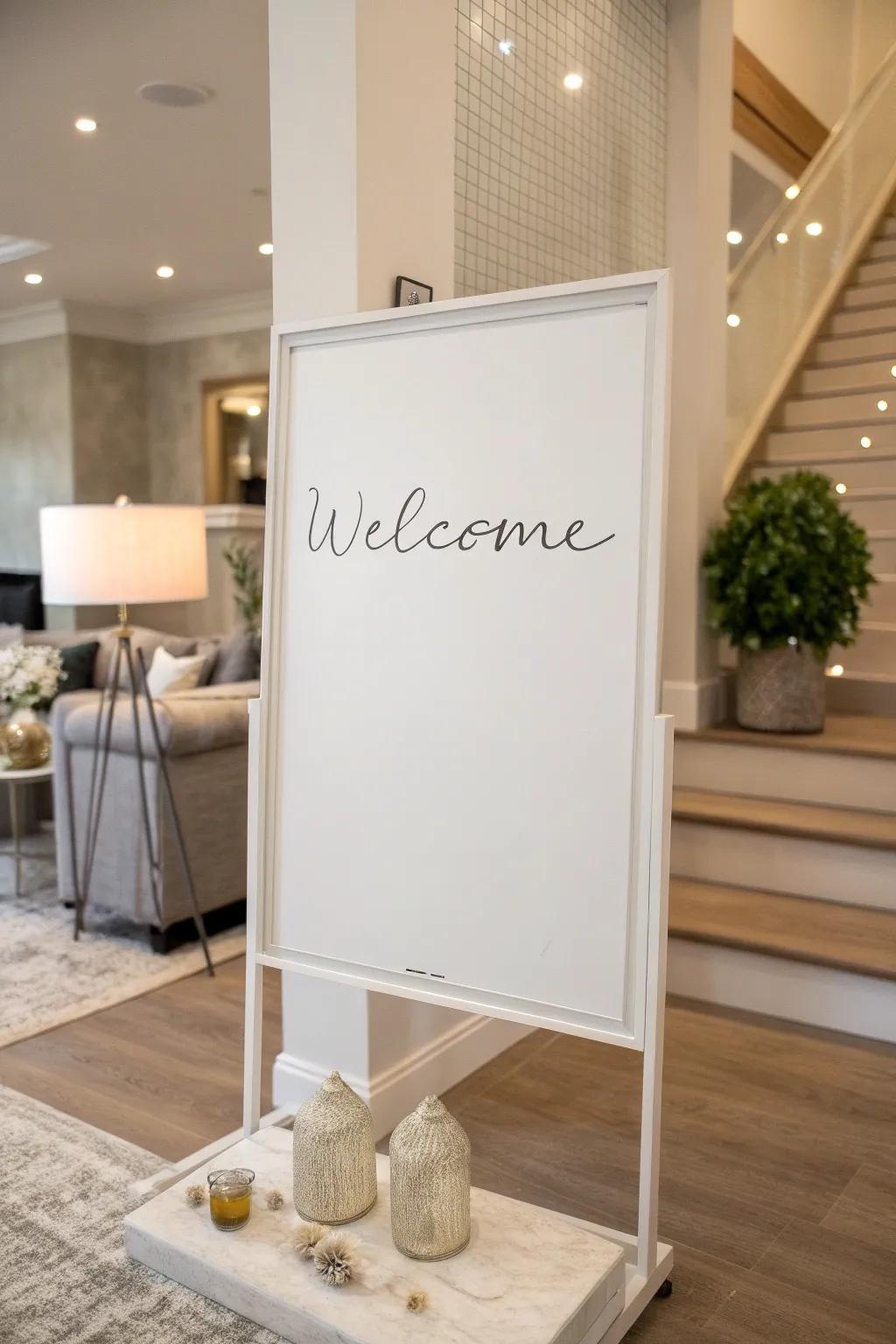 A minimalist whiteboard design for a serene welcome.