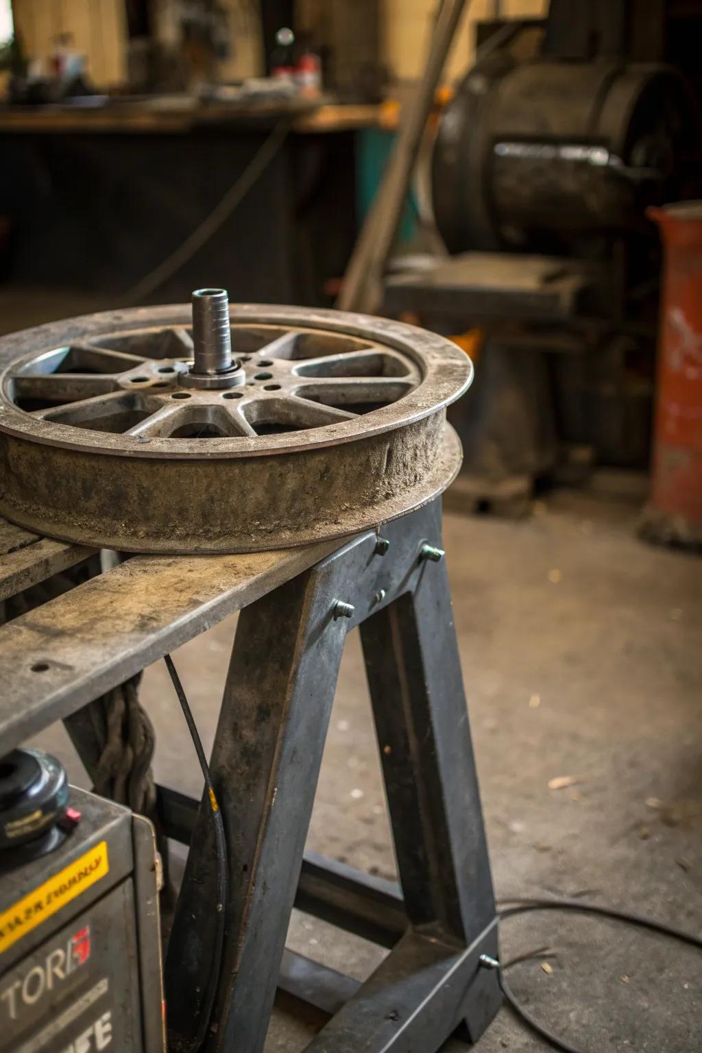 Transforming an old truck wheel into a sturdy welding stand: where function meets craftsmanship.