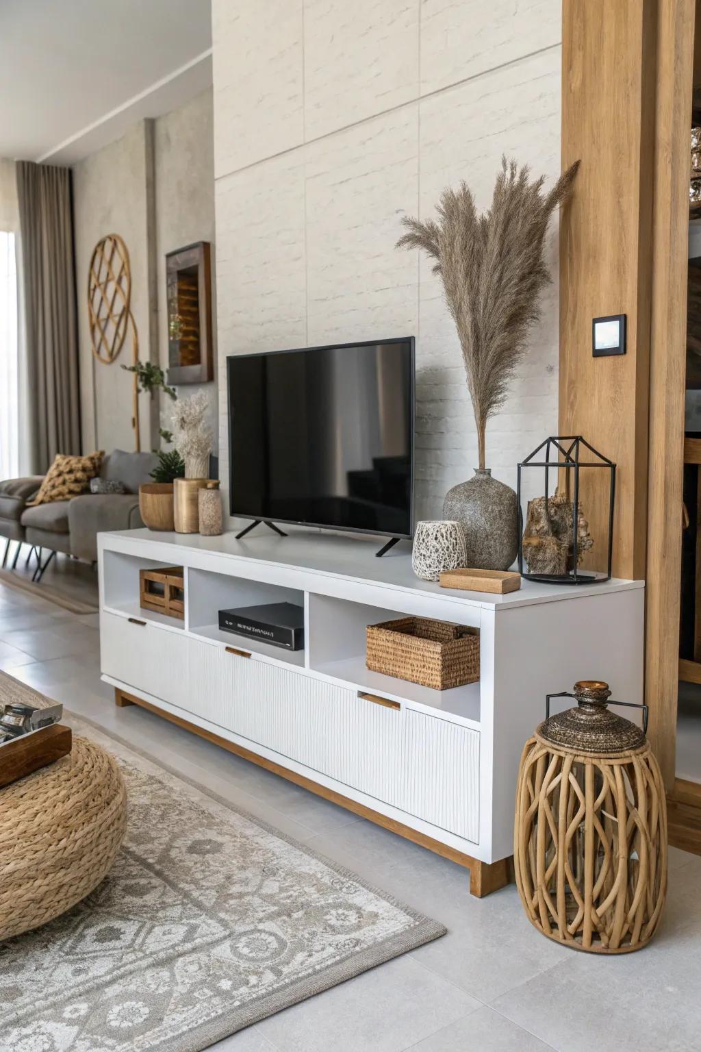 Add depth with layered textures on your TV stand.