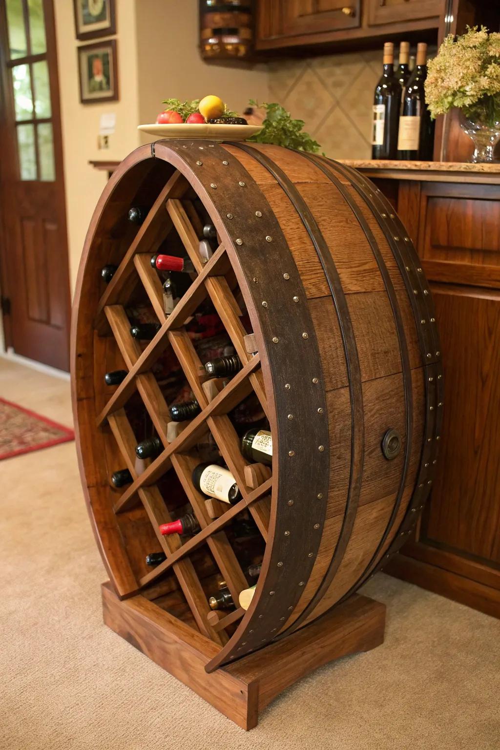 Transform tradition into elegance with this handcrafted wine barrel rack – a perfect blend of style and functionality for your home.