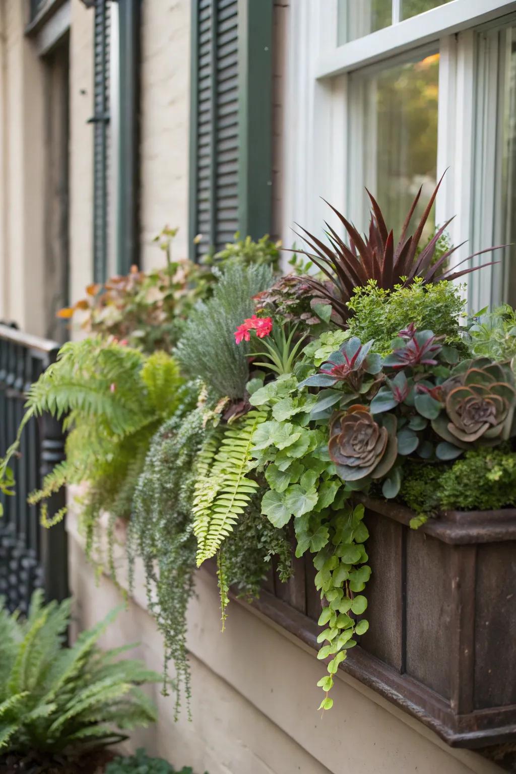 Layering adds depth and dimension to window boxes.