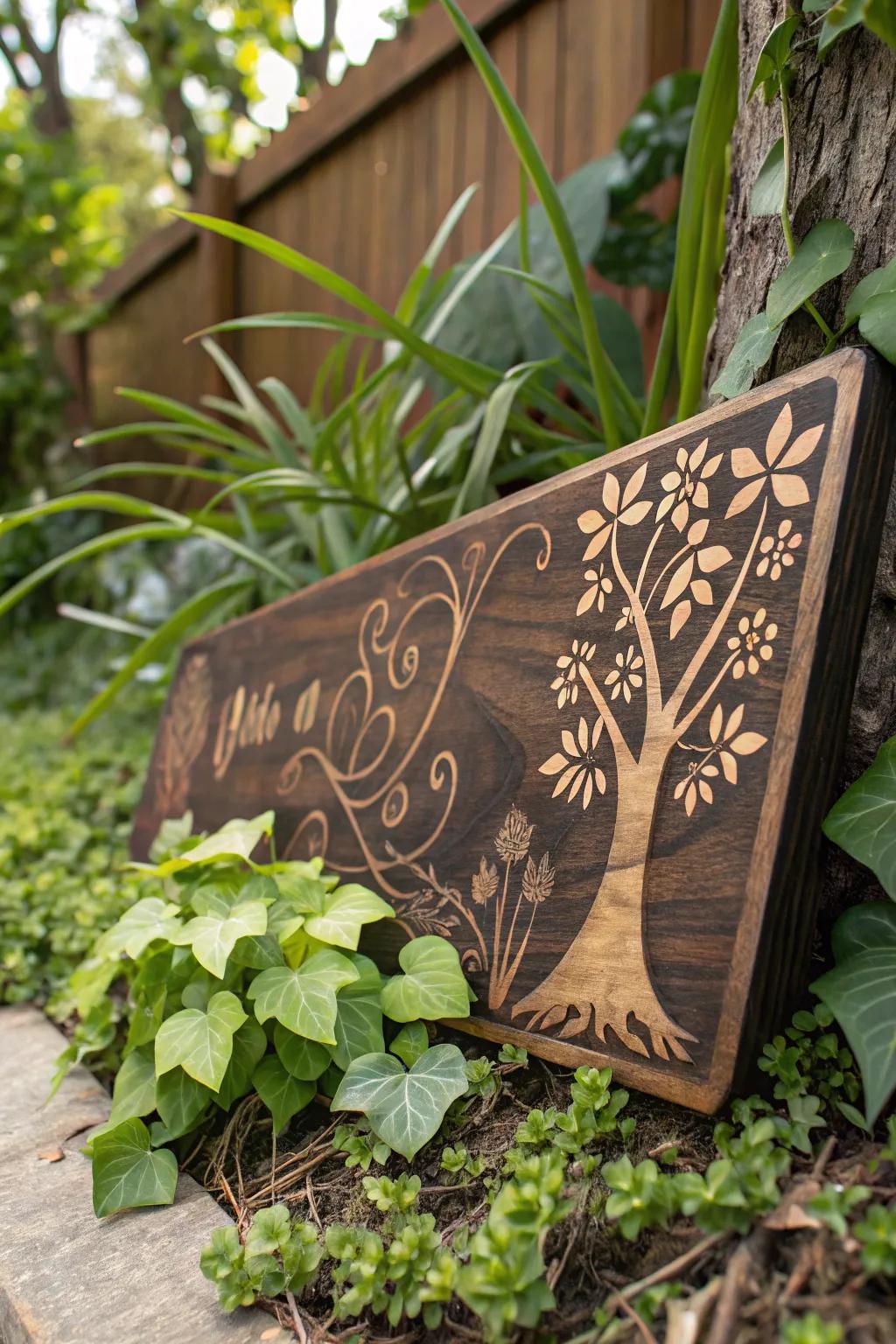 Elevate your garden with the artistry of a handcrafted wood burning sign, where nature meets craftsmanship.