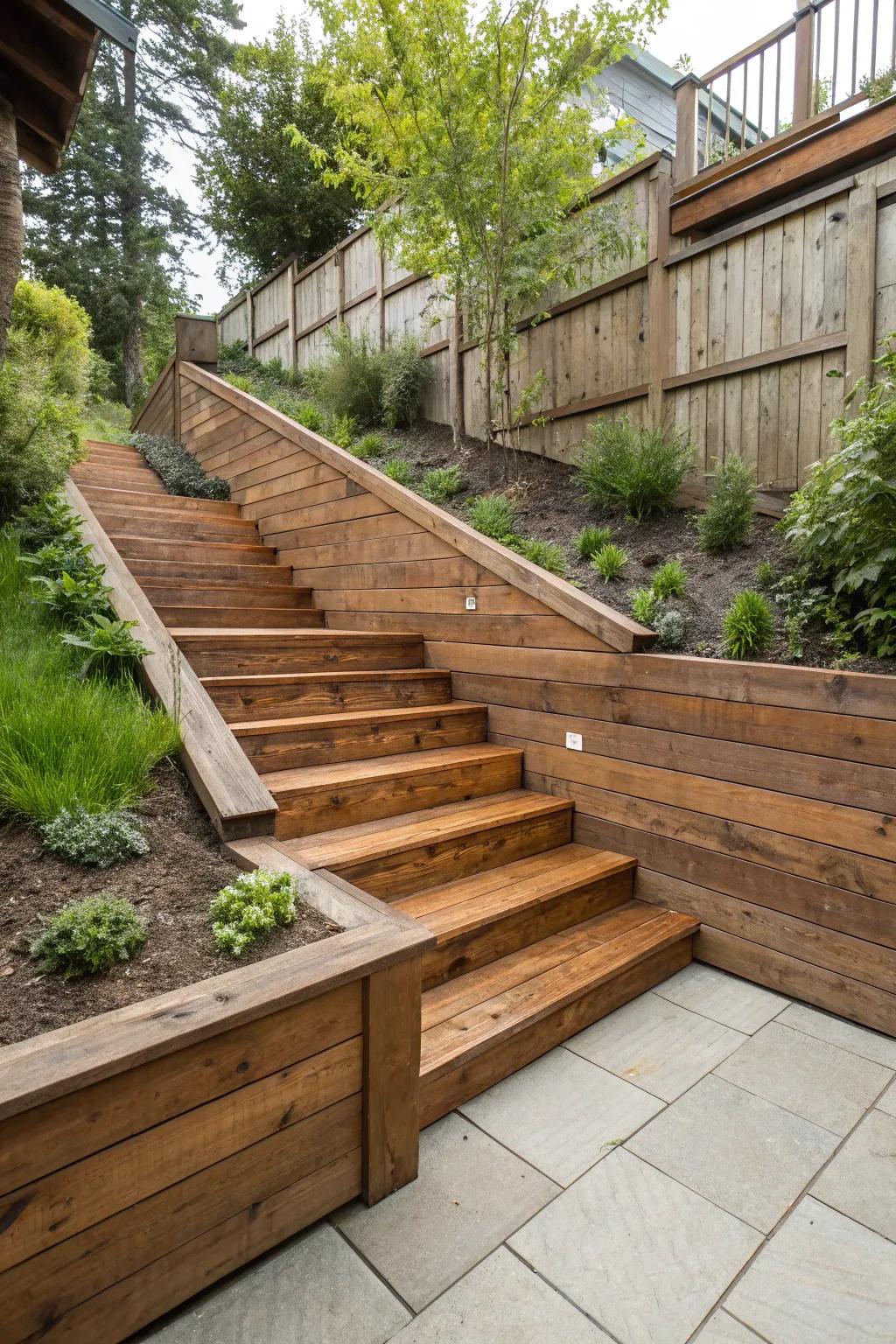 Seamless transitions: Elevate your backyard with craft-inspired wooden stairways.