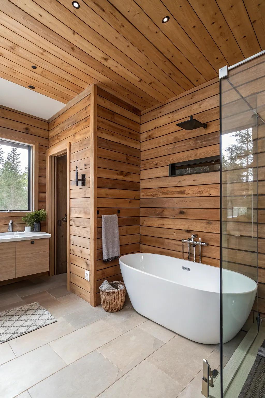 Elegant full-length shiplap adds luxury to this bathroom.