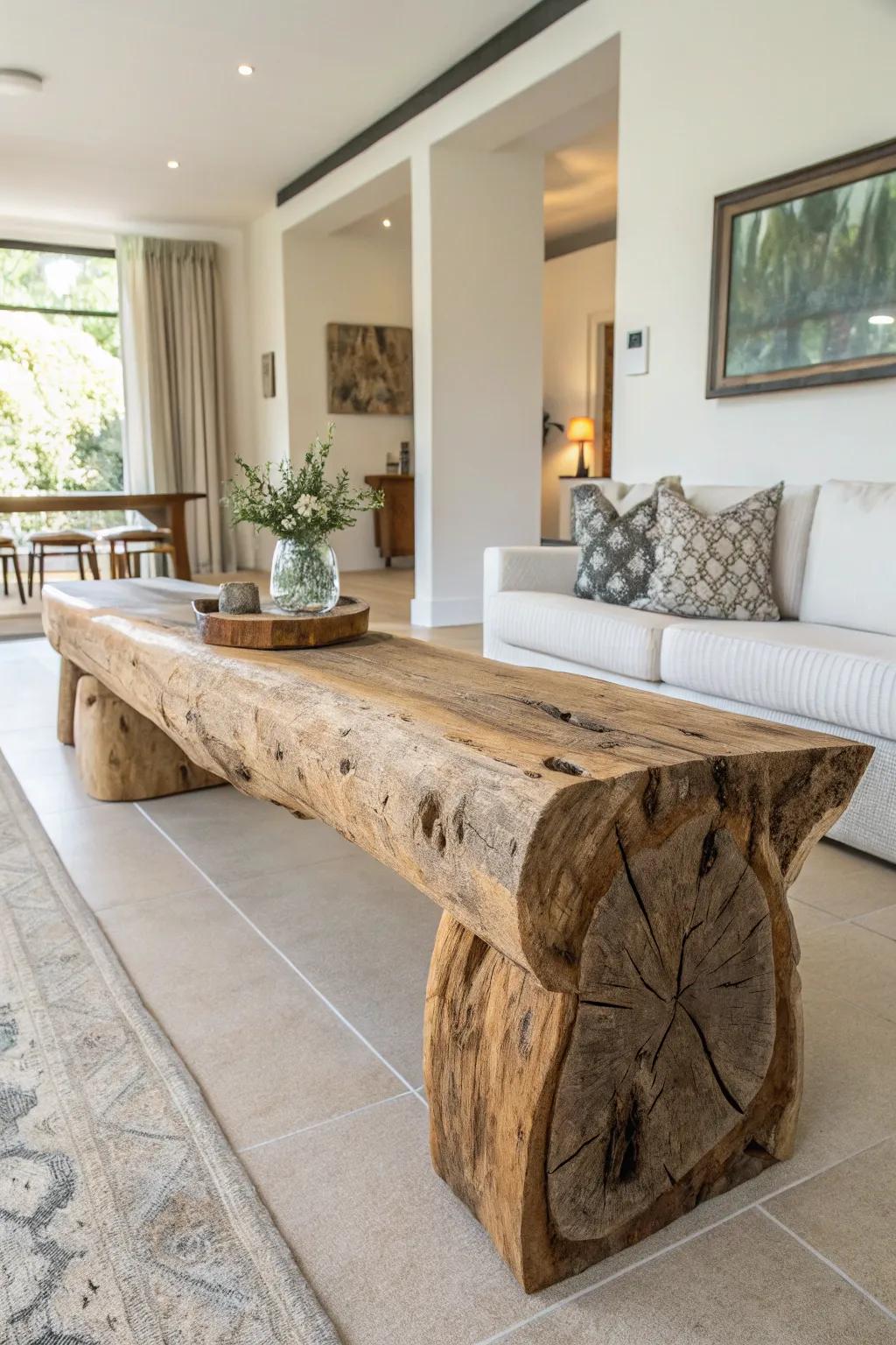 Embrace nature's artistry with this stunning natural log bench.