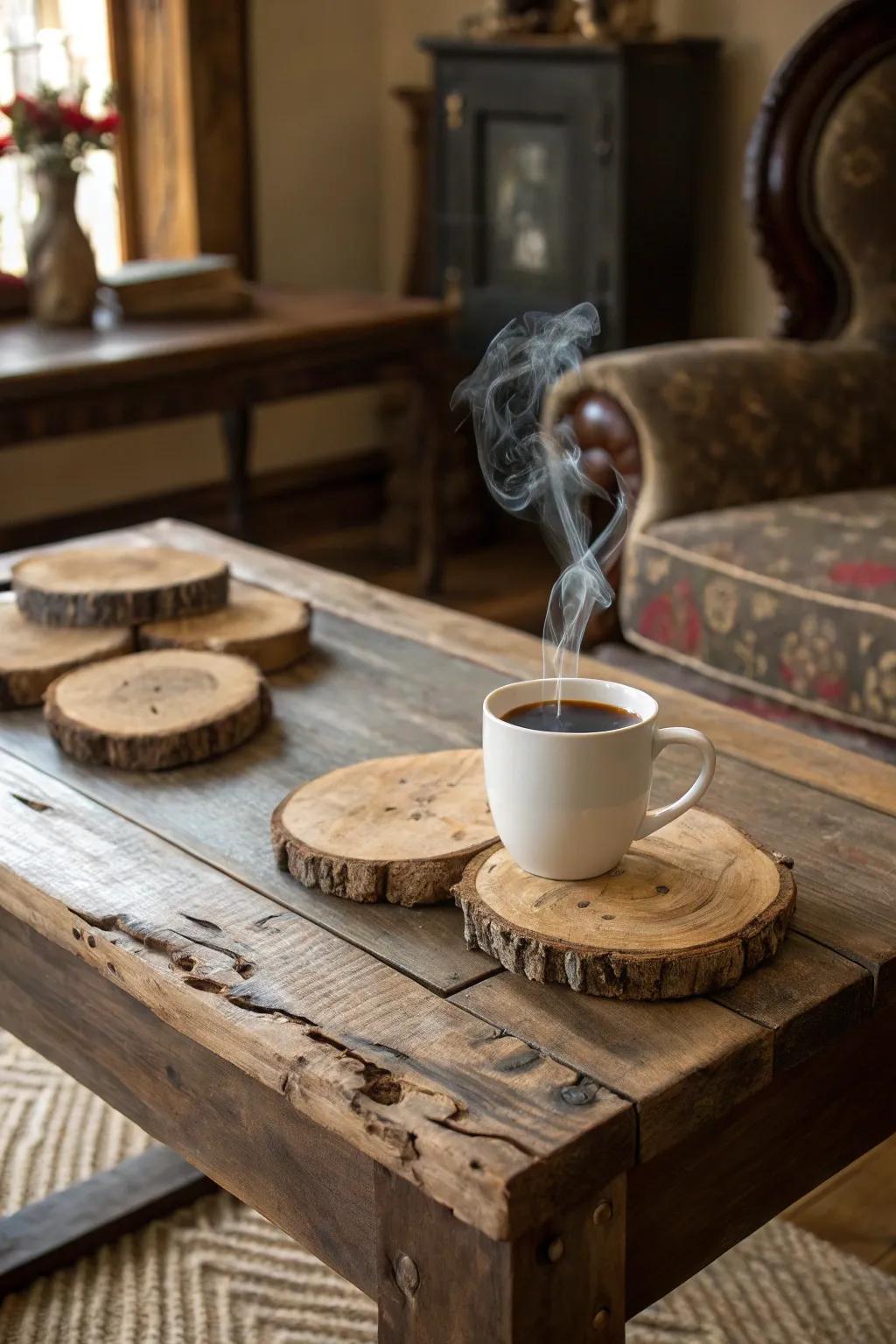 Wood slice coasters bring the outdoors in.
