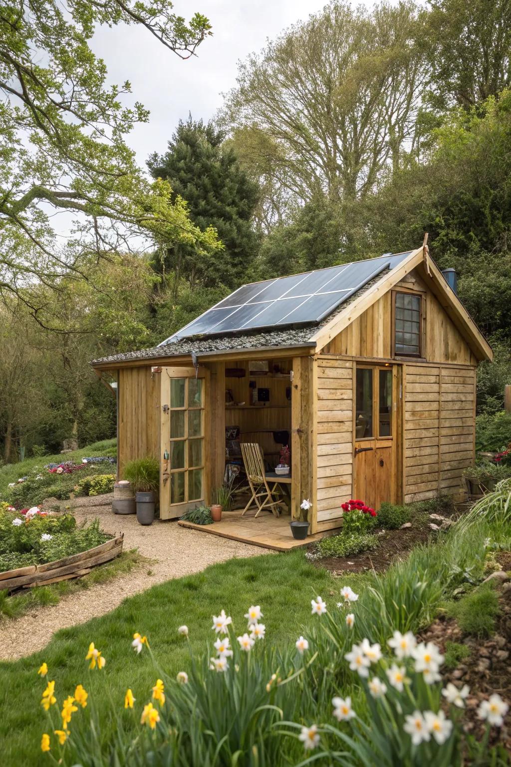 An eco-conscious writing shed, blending sustainability with style.
