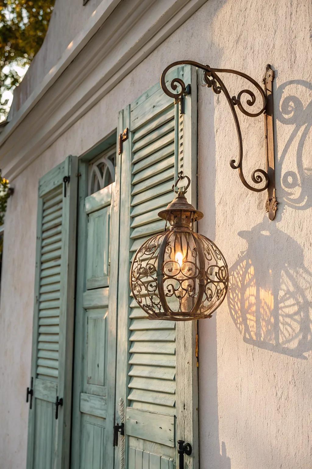 Illuminate your space with vintage charm: a stunning light fixture paired with a rustic shutter for a touch of minimalist elegance.