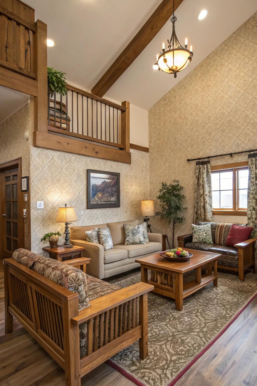 Wood accents and textures add warmth to the living room.
