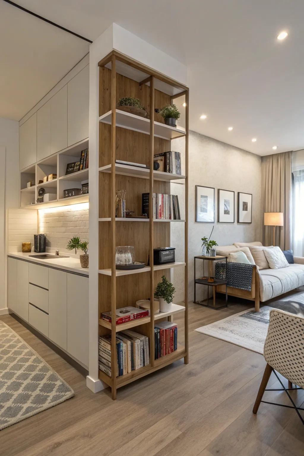 Divide and conquer your studio space with open shelving units.