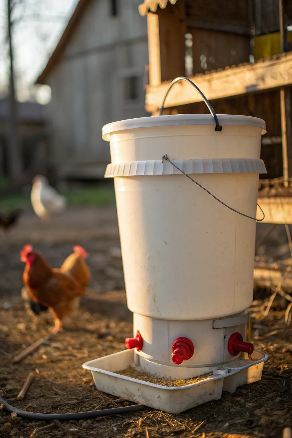 A masterstroke in DIY craftsmanship: Gravity-fed hydration for happy hens.