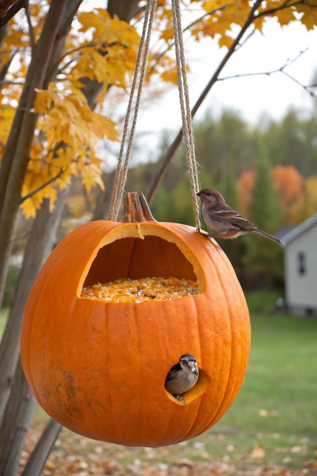 Embrace the beauty of fall with this charming pumpkin bird feeder, a perfect blend of simplicity and nature.
