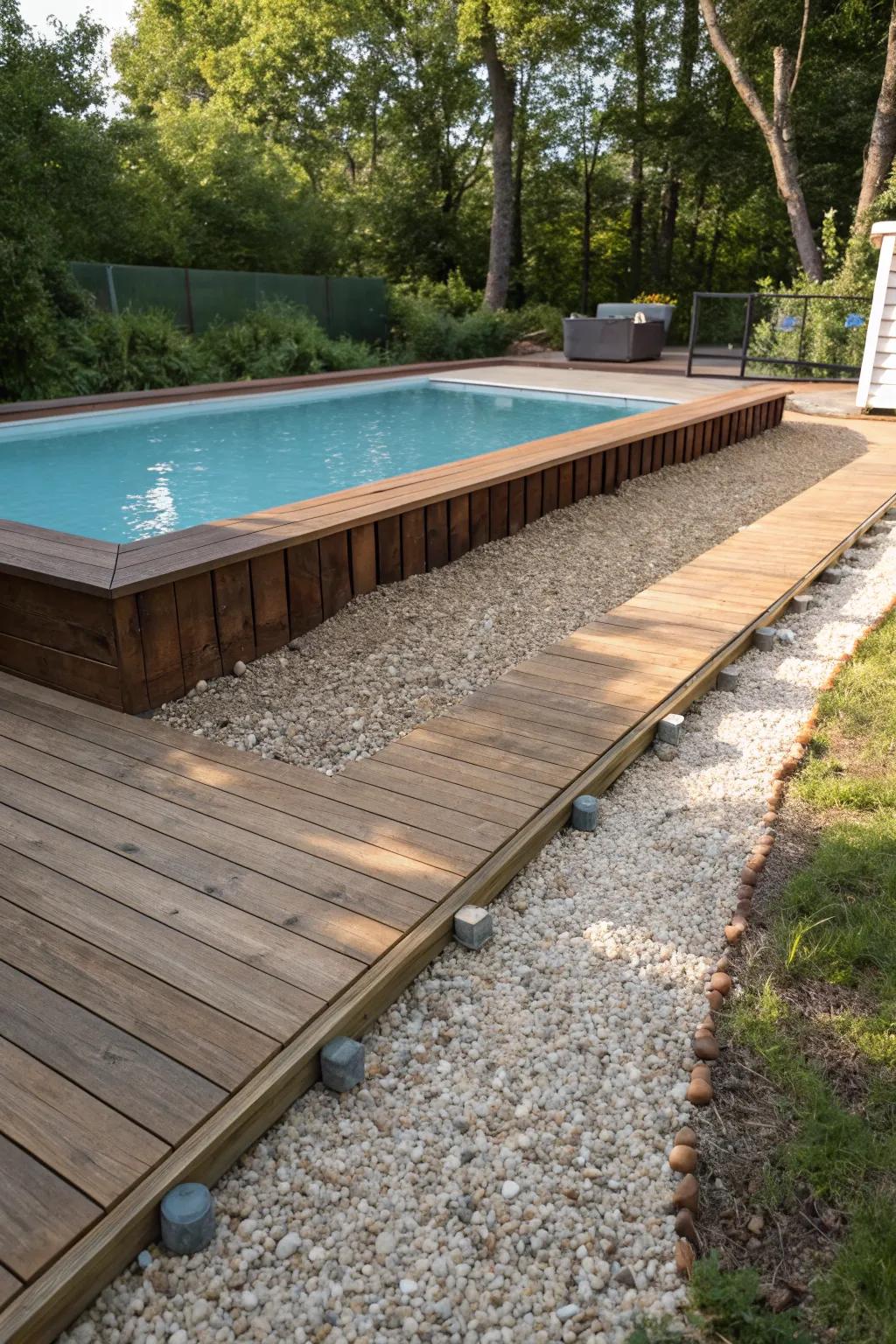 Elevate your poolside experience with a gravel path that defines and enhances your above-ground deck on a budget.