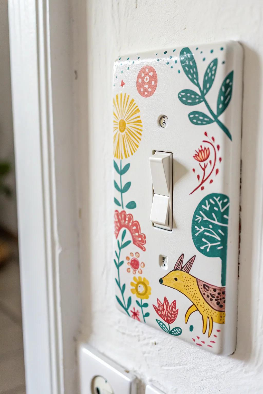 Bring a smile to your space with cartoon whimsy and bold colors on a minimalist light switch.