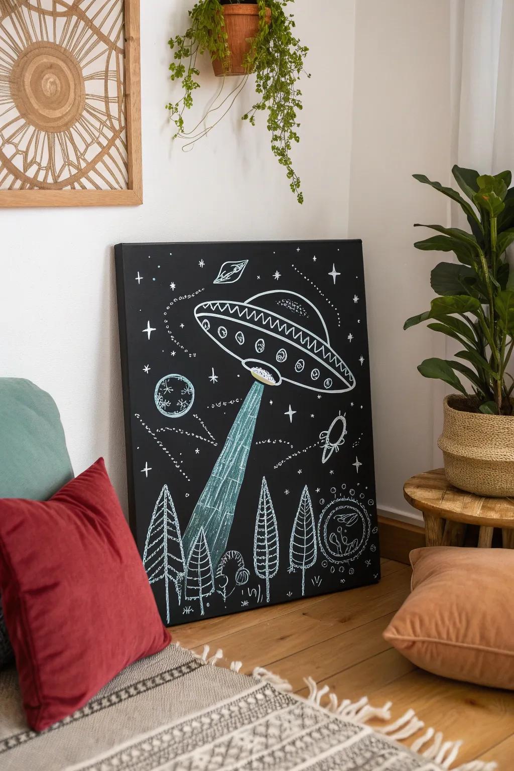 Transform your space with starry alien wall art that surprises and delights—where minimalist design meets cosmic intrigue.