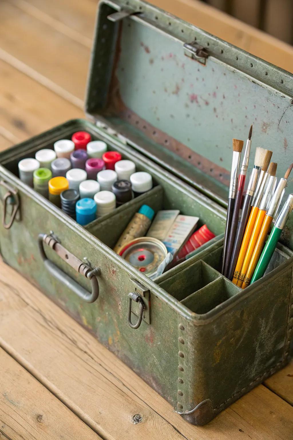 Transform vintage into vibrant: an ammo can beautifully holds your creative chaos.