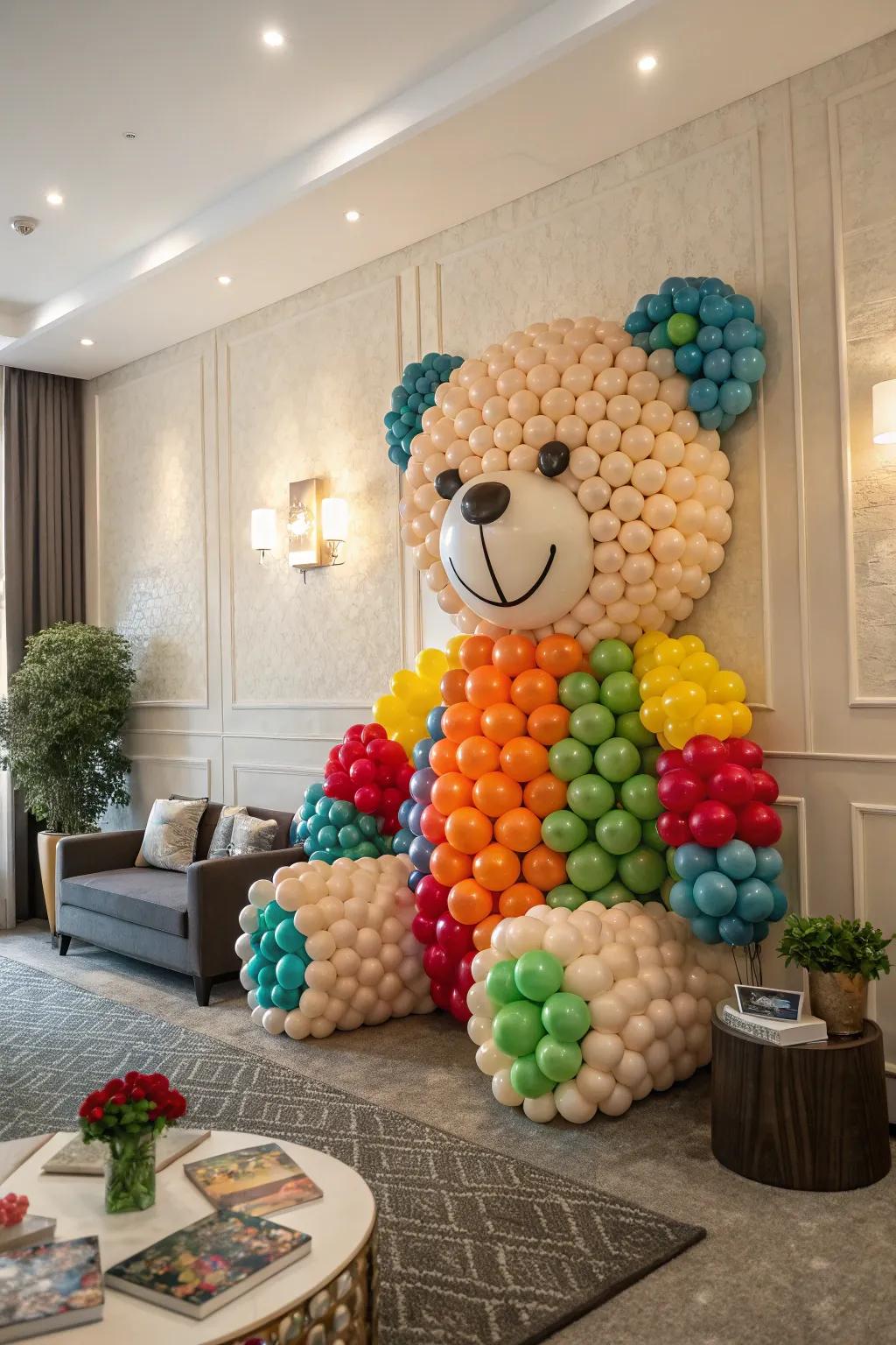 A teddy bear balloon mosaic creates a delightful focal point.