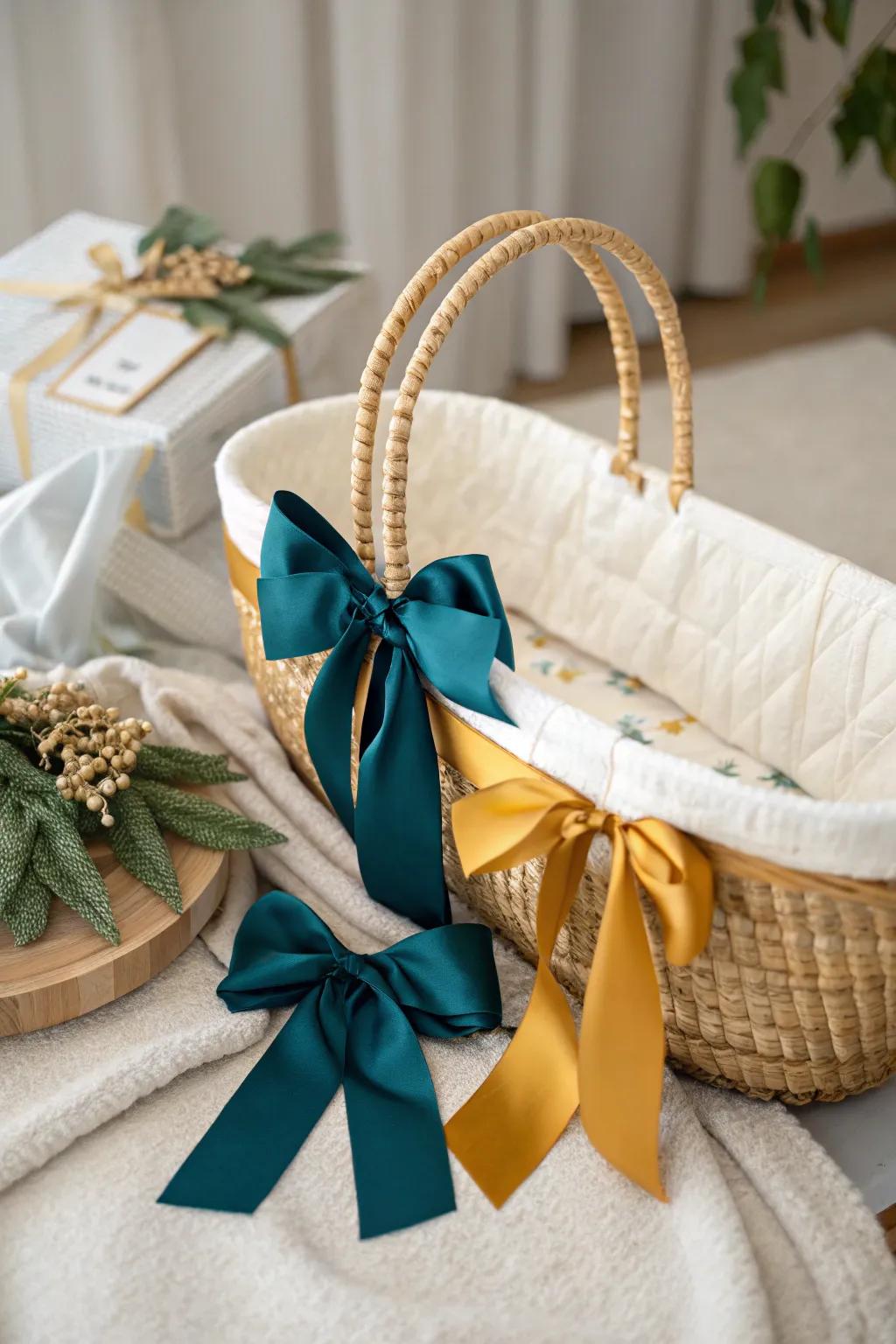 Add a touch of elegance and celebration with beautifully crafted ribbons and bows for your baby hamper.