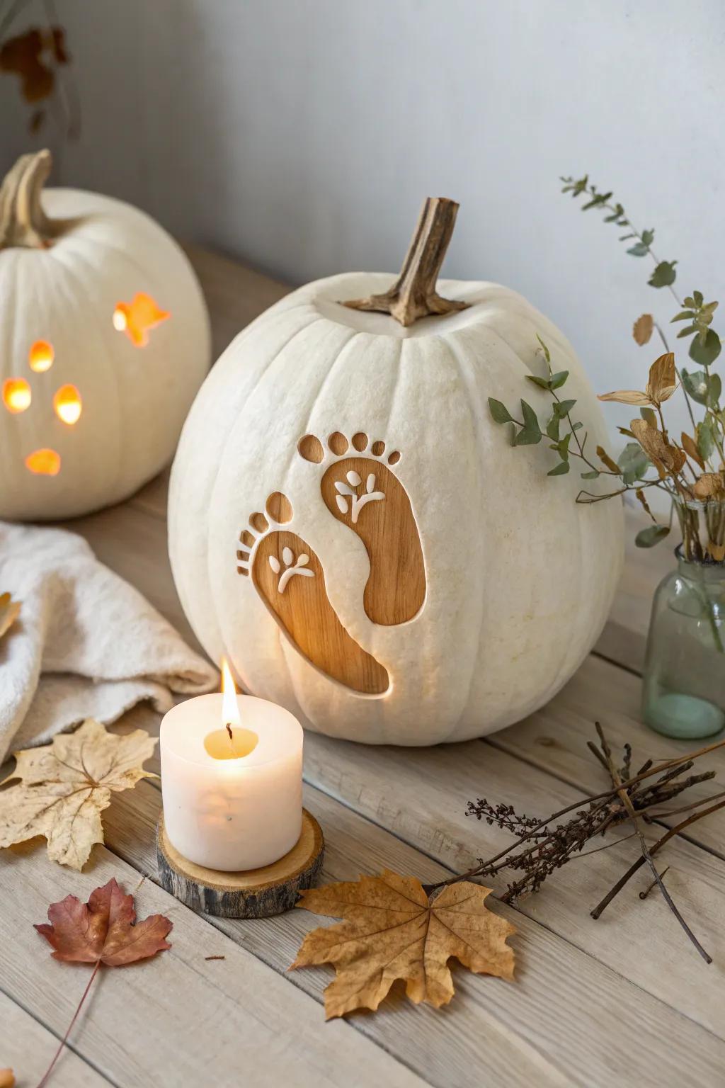 Capture the joy of your baby's first Halloween with a charming footprint pumpkin design.