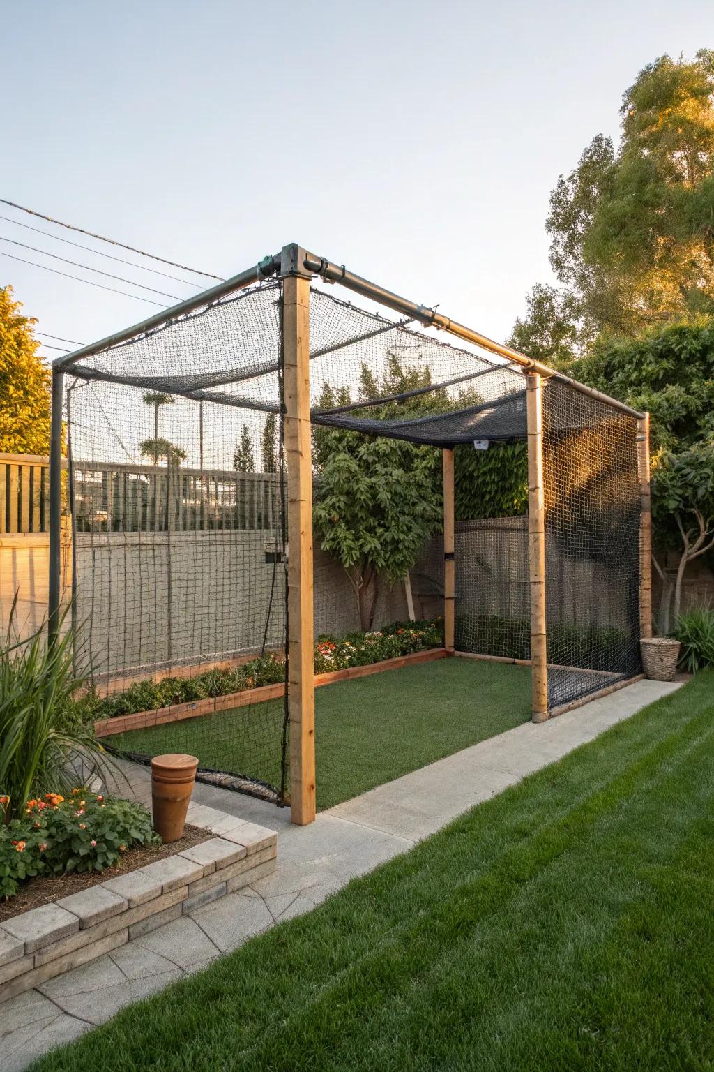 Maximize your backyard space with a stylish and efficient compact corner batting cage.