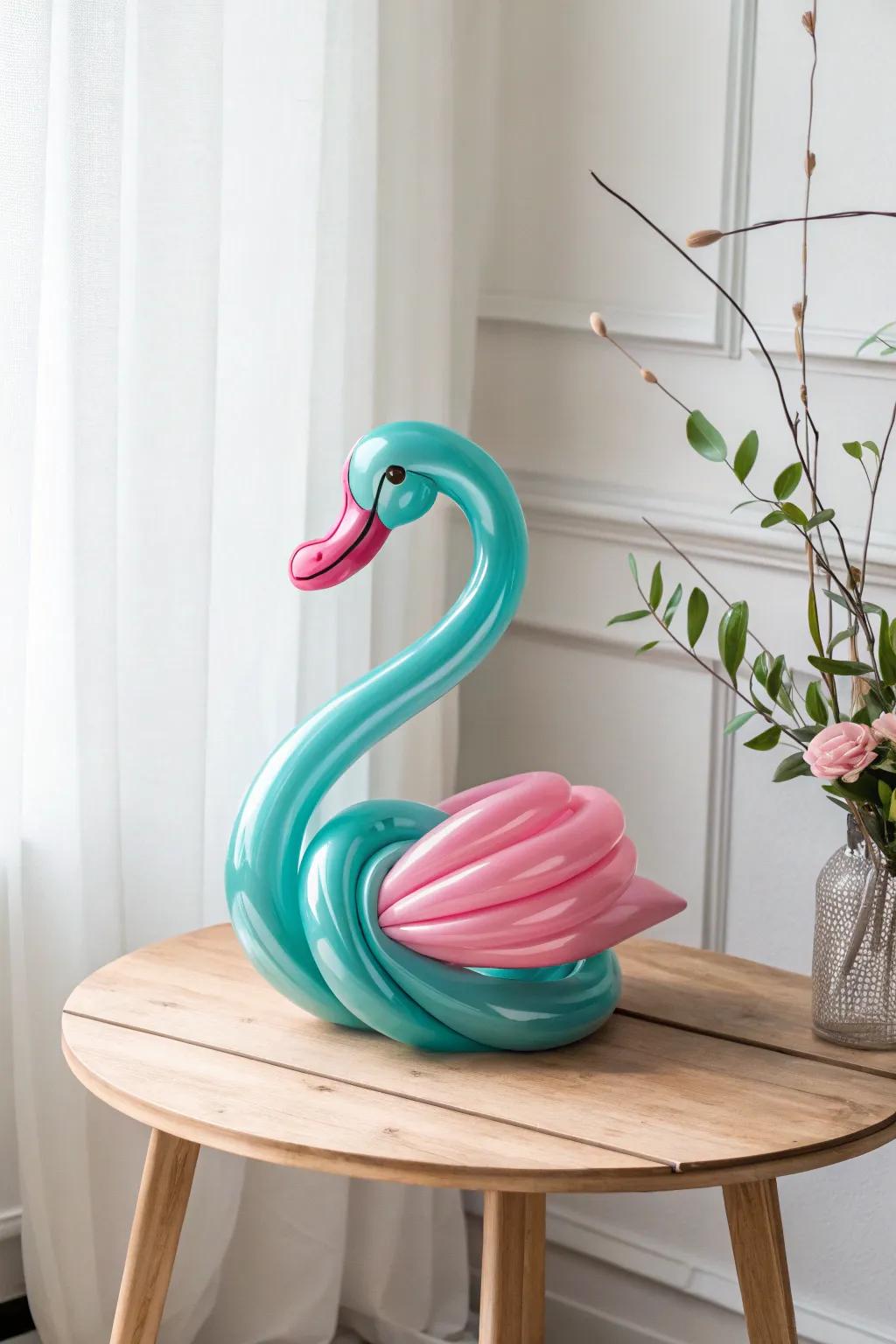 Whimsical elegance: A stunning balloon swan in bold hues, capturing the essence of minimalist craft.
