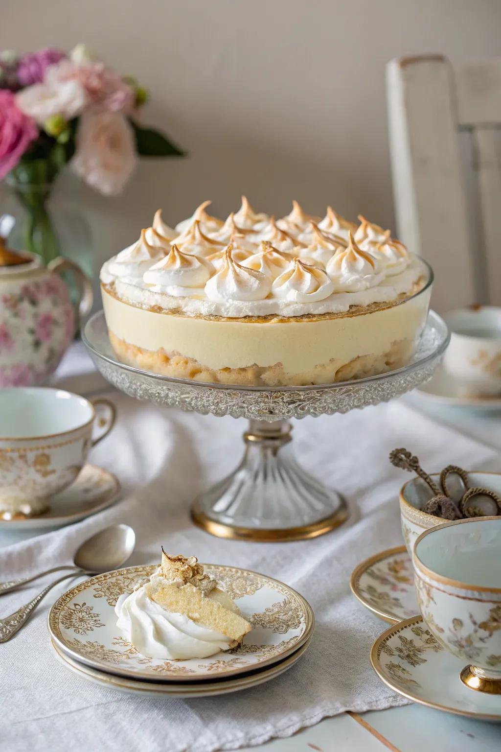 A cake stand transforms banana pudding into an elevated dessert.
