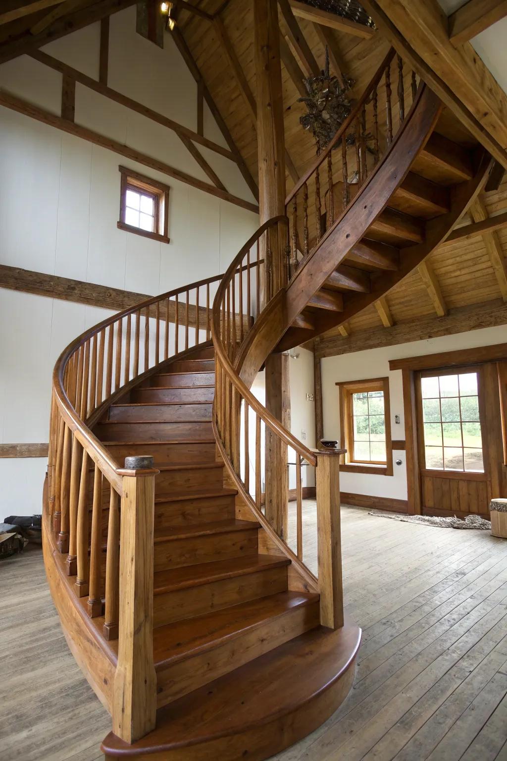 Curved staircases add elegance and flow to barn interiors.