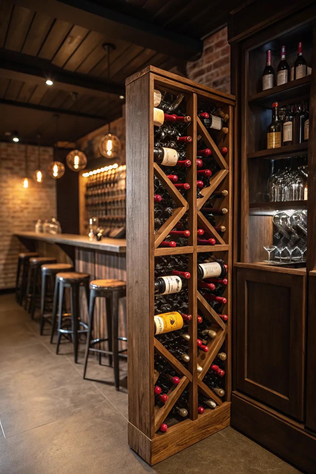 Elevate your basement bar with a touch of elegance: A crafted wine rack that speaks volumes.