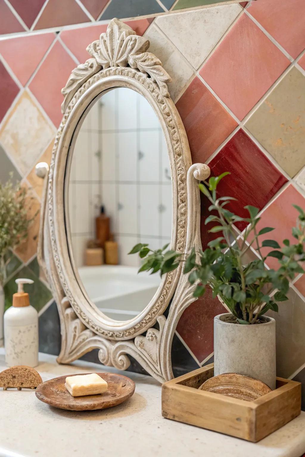 Reflect elegance and simplicity: Transform your bathroom with stunning painted tiles and vintage mirrors.