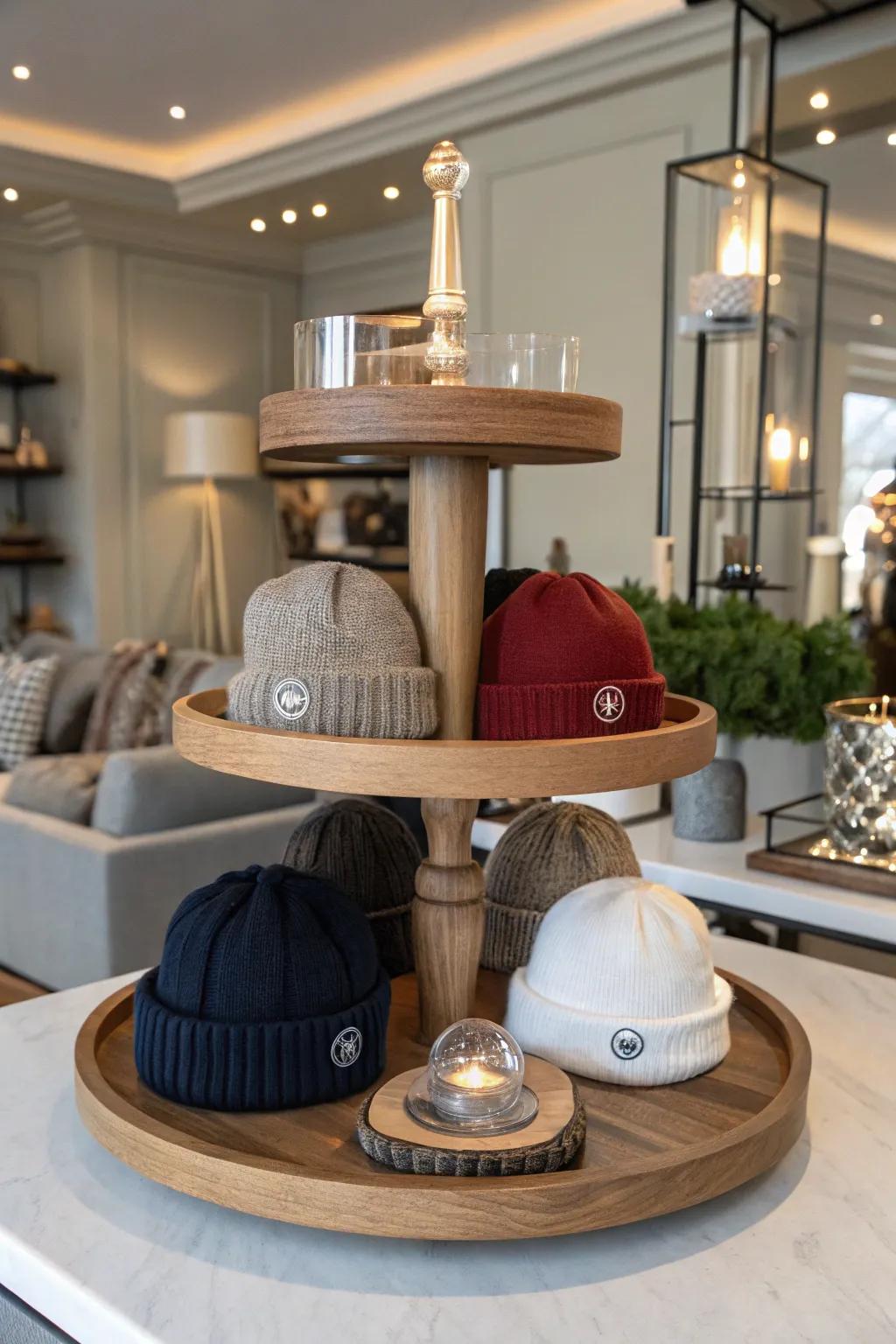 Multi-tiered stands create a stunning beanie centerpiece.