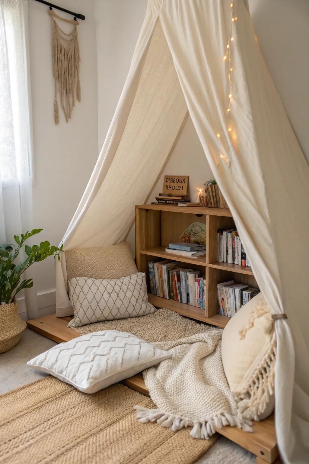 Escape into a world of stories with this charming reading nook fort, where minimalism meets boho flair.