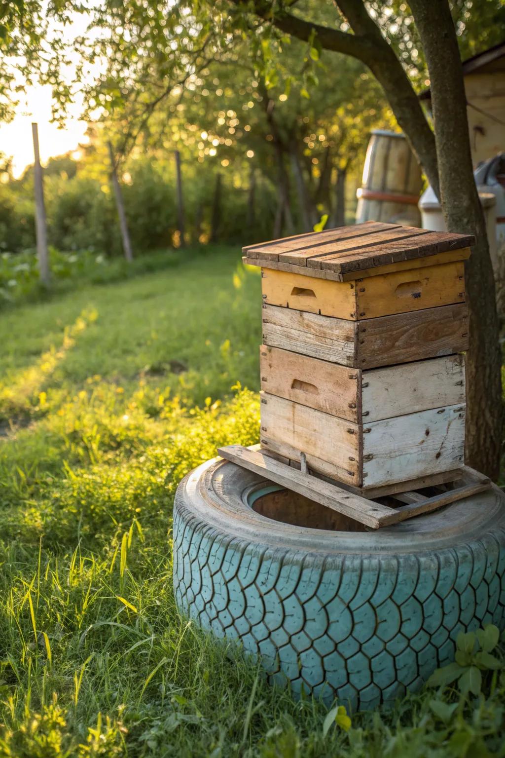 Elevate your apiary with a unique recycled tire hive stand that combines stability and style, perfect for the eco-conscious craftsman.