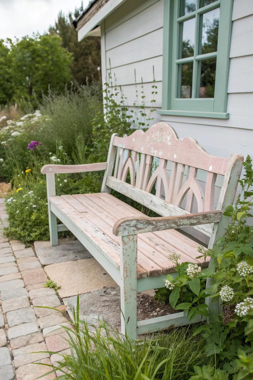 Embrace the charm of a rustic retreat with a lovingly distressed bench that whispers stories of comfort and elegance.