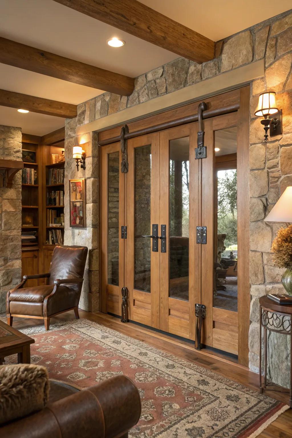 Leather strap handles offer a unique, tactile touch to bifold doors.