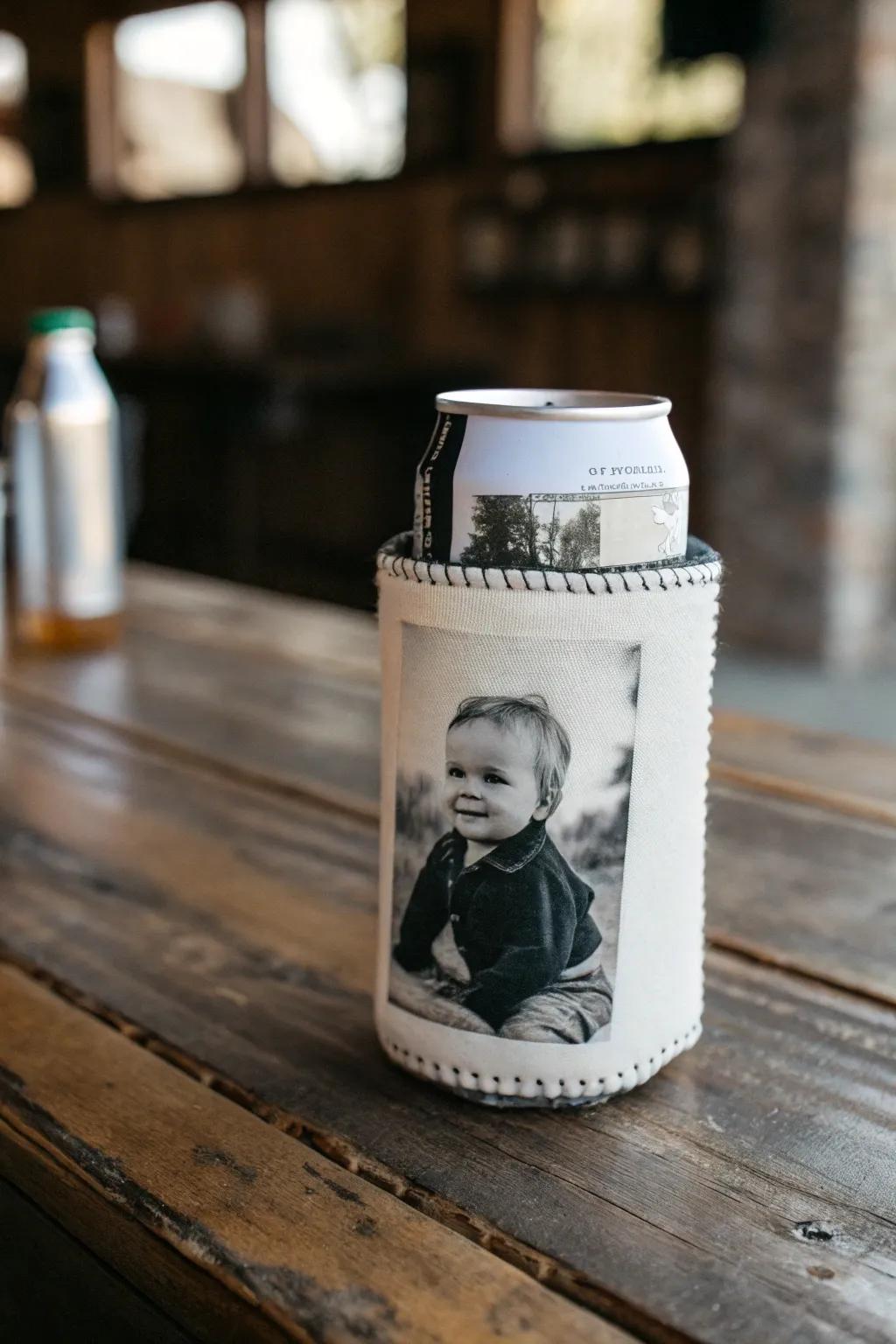 Celebrate in style with a personalized touch: a photo koozie that tells a story.