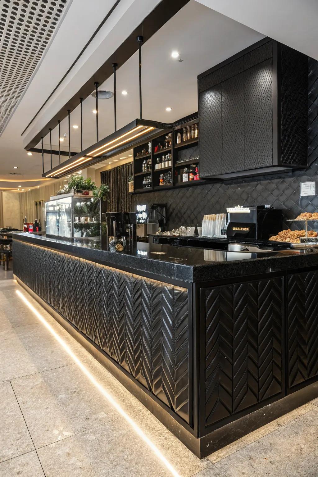Striking contrast with a bold backsplash in a coffee bar